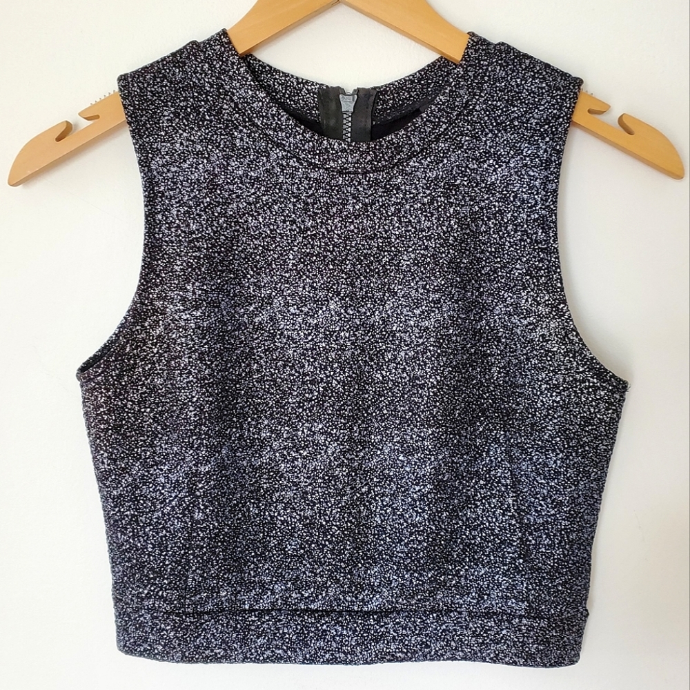 Design Lab by Lord & Taylor Fitted Black & Blue Metallic Speckled Crop Top Small